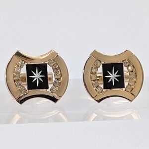 Vtg Atomic Starburst Cufflinks MCM Gold Tone Black Enamel Rhinestone Pat 2974381